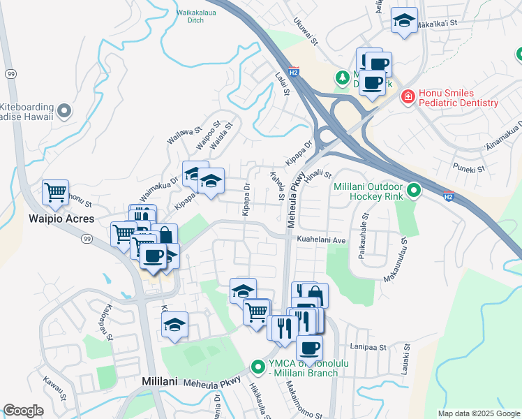 map of restaurants, bars, coffee shops, grocery stores, and more near 95-192 Kahela Street in Mililani