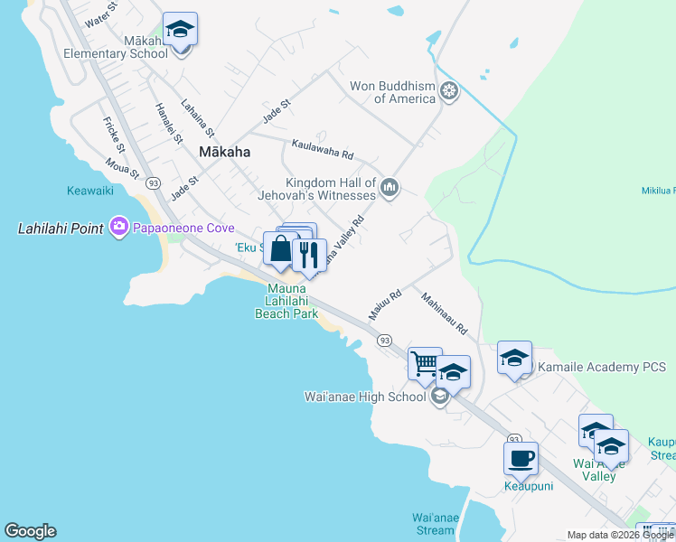 map of restaurants, bars, coffee shops, grocery stores, and more near 84-149 Makaha Valley Road in Waianae