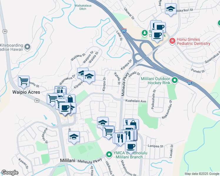 map of restaurants, bars, coffee shops, grocery stores, and more near 95-192 Kahela Street in Mililani