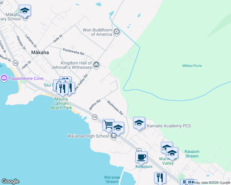 map of restaurants, bars, coffee shops, grocery stores, and more near 85-171 Maiuu Road in Waianae