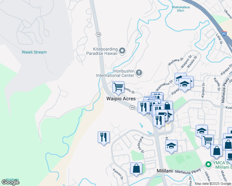 map of restaurants, bars, coffee shops, grocery stores, and more near 95-24 Waihau Street in Mililani