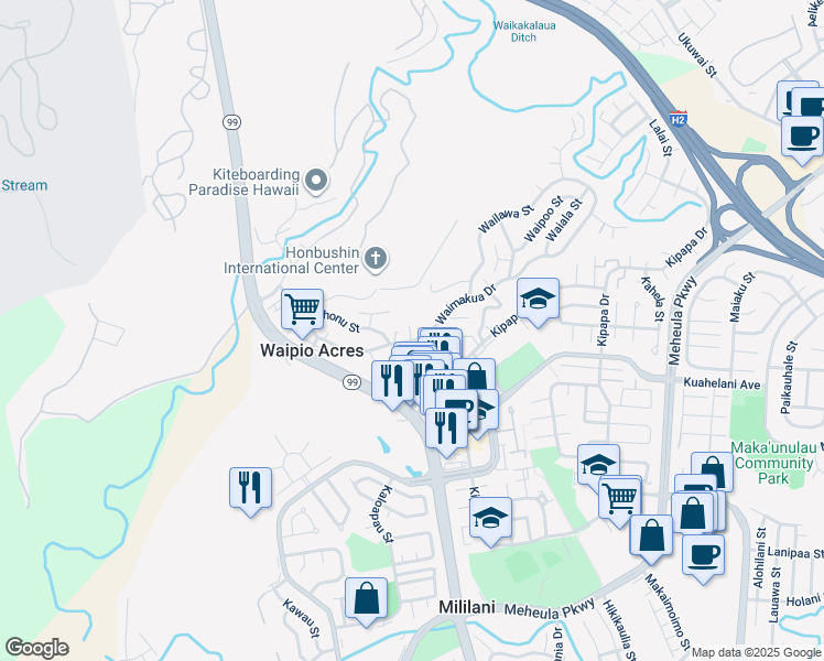 map of restaurants, bars, coffee shops, grocery stores, and more near 95-116B Waimakua Drive in Mililani