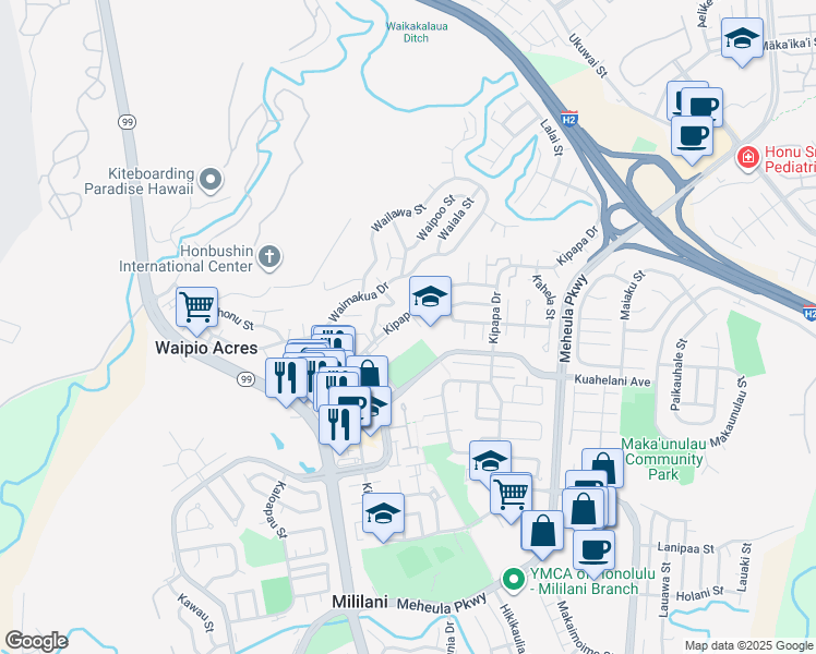 map of restaurants, bars, coffee shops, grocery stores, and more near 95-081 Kipapa Drive in Mililani