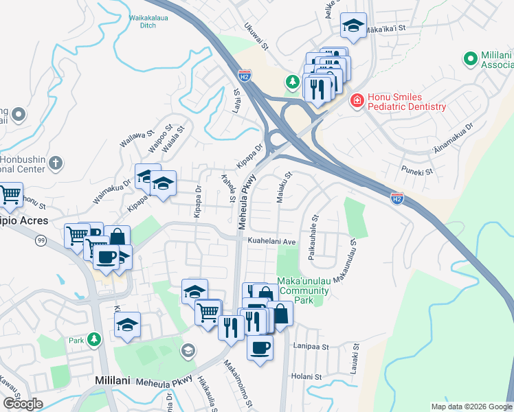 map of restaurants, bars, coffee shops, grocery stores, and more near 95-731 Kauanomeha Place in Mililani