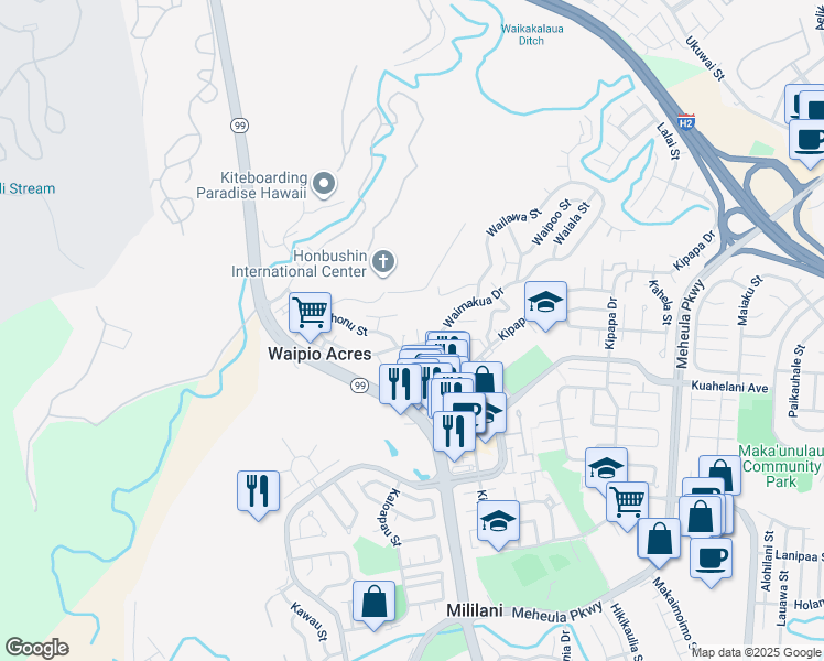 map of restaurants, bars, coffee shops, grocery stores, and more near 95-116B Waimakua Drive in Mililani