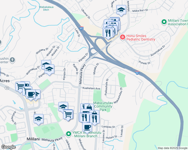 map of restaurants, bars, coffee shops, grocery stores, and more near Maiaku Street in Mililani
