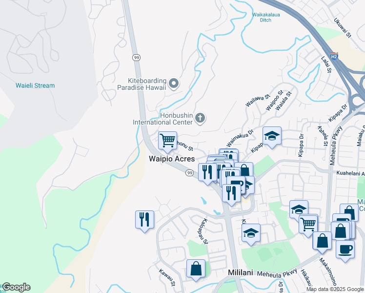 map of restaurants, bars, coffee shops, grocery stores, and more near 95-55 Waihonu Street in Mililani