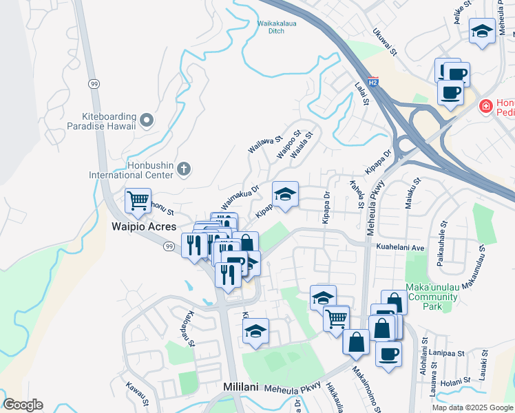 map of restaurants, bars, coffee shops, grocery stores, and more near 95-101 Kipapa Drive in Mililani