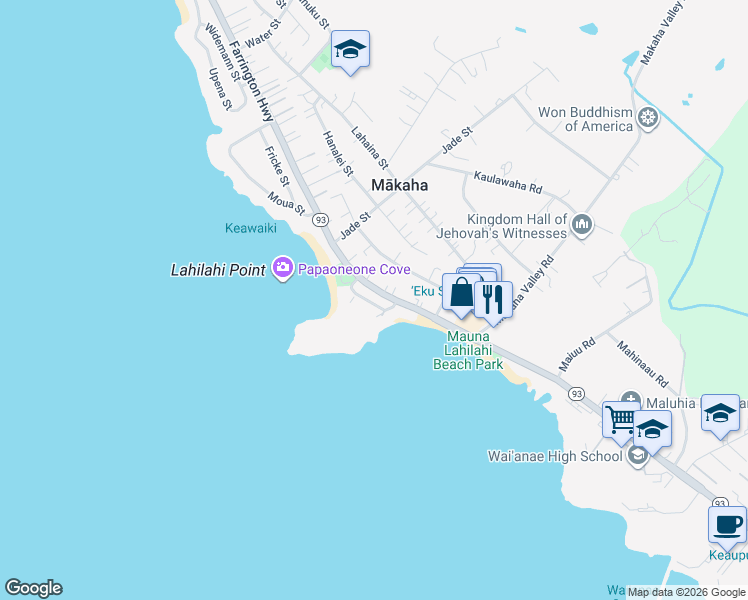 map of restaurants, bars, coffee shops, grocery stores, and more near 84-1060 Lahilahi Street in Waianae
