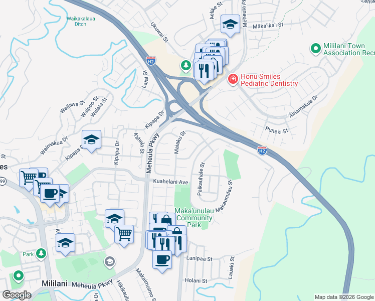 map of restaurants, bars, coffee shops, grocery stores, and more near 95-137 Maiaku Place in Mililani