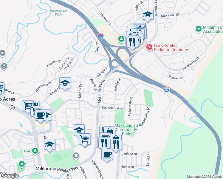 map of restaurants, bars, coffee shops, grocery stores, and more near 95-760 Kauanomeha Place in Mililani
