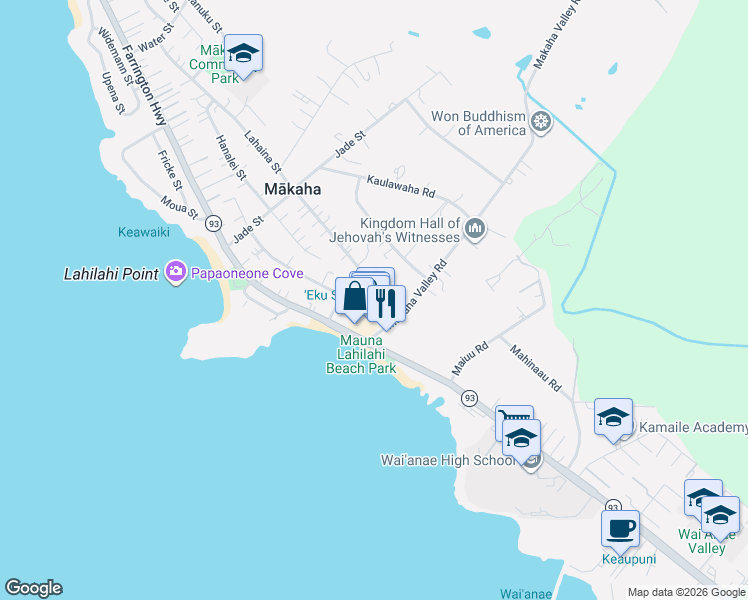 map of restaurants, bars, coffee shops, grocery stores, and more near 84 Lahaina Street in Waianae