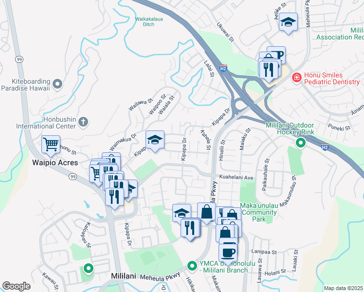 map of restaurants, bars, coffee shops, grocery stores, and more near 95-442 Hokuula Loop in Mililani