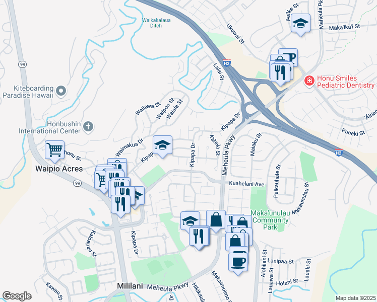 map of restaurants, bars, coffee shops, grocery stores, and more near 95-442 Hokuula Loop in Mililani