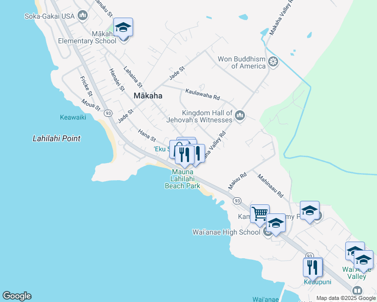map of restaurants, bars, coffee shops, grocery stores, and more near 84 Lahaina Street in Waianae