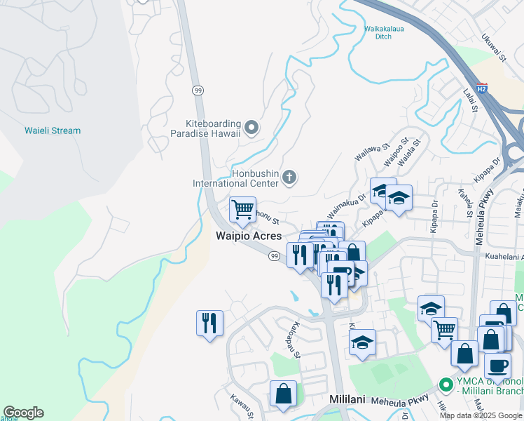 map of restaurants, bars, coffee shops, grocery stores, and more near 95-052 Waihonu Street in Mililani