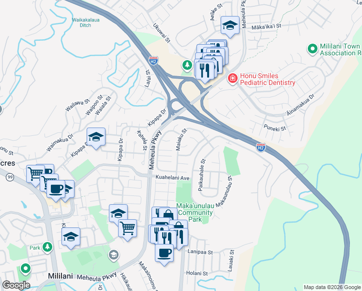map of restaurants, bars, coffee shops, grocery stores, and more near 95-137 Maiaku Place in Mililani