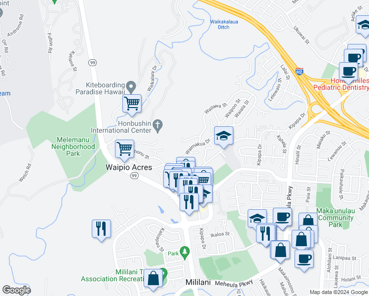 map of restaurants, bars, coffee shops, grocery stores, and more near in Waipio Acres