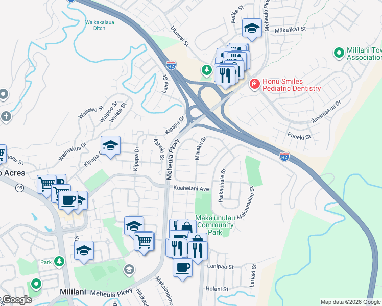 map of restaurants, bars, coffee shops, grocery stores, and more near 95-760 Kauanomeha Place in Mililani