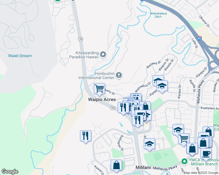 map of restaurants, bars, coffee shops, grocery stores, and more near 95-052 Waihonu Street in Mililani
