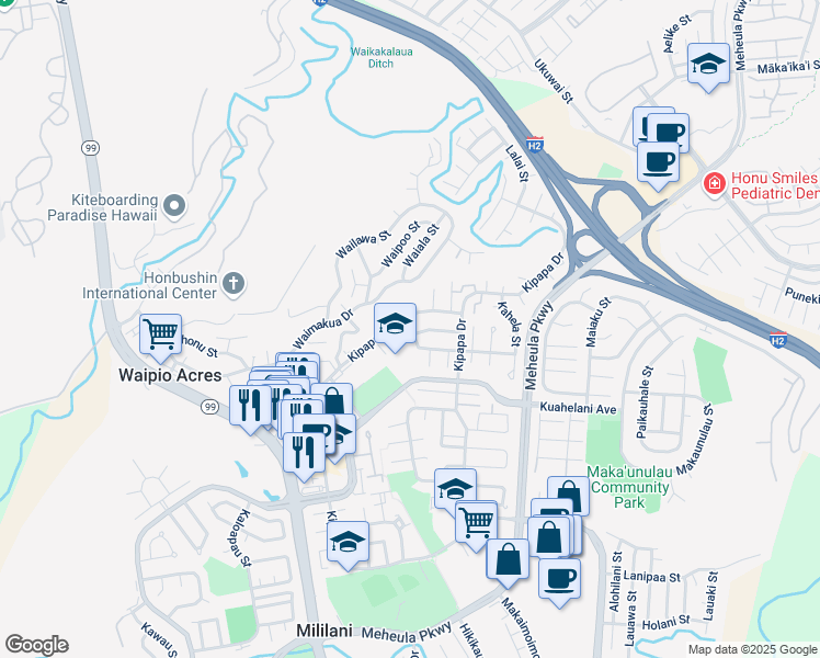 map of restaurants, bars, coffee shops, grocery stores, and more near 95-478 Hokuula Loop in Mililani
