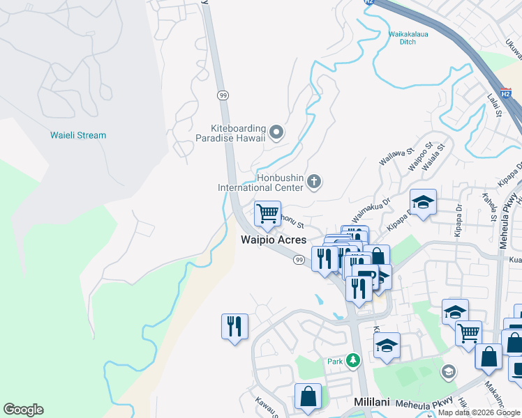 map of restaurants, bars, coffee shops, grocery stores, and more near in Waipio Acres