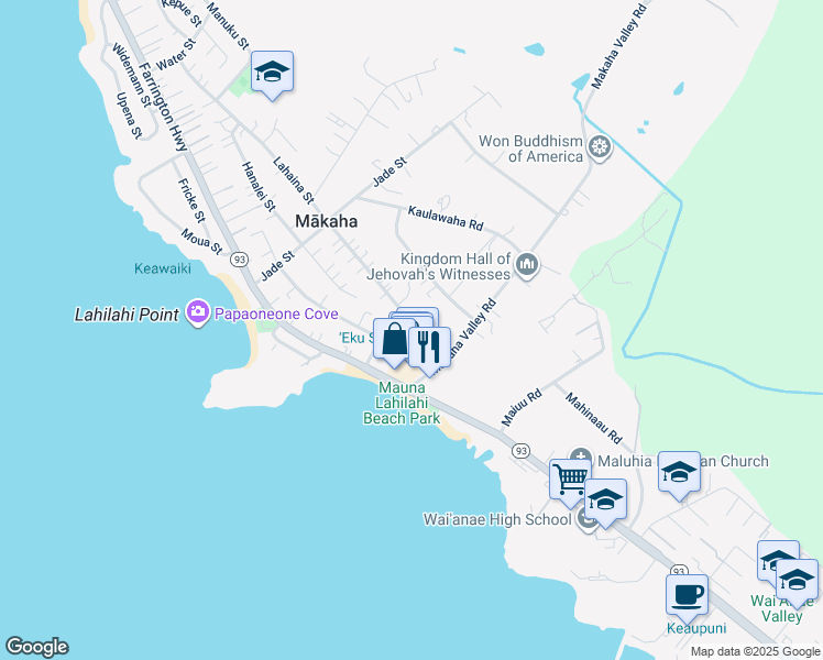 map of restaurants, bars, coffee shops, grocery stores, and more near 84 Lahaina Street in Waianae