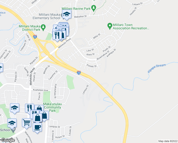 map of restaurants, bars, coffee shops, grocery stores, and more near 95-204 Mua Place in Mililani