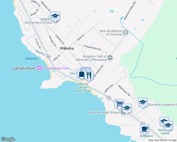 map of restaurants, bars, coffee shops, grocery stores, and more near 84 Lahaina Street in Waianae