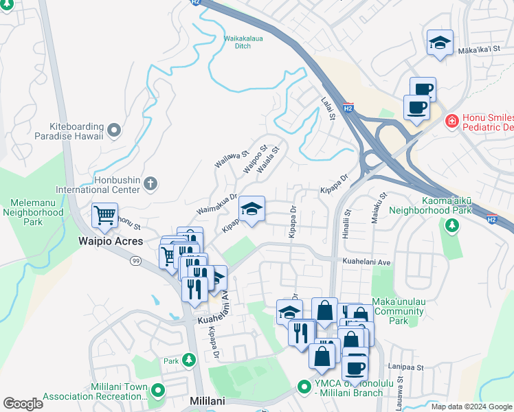 map of restaurants, bars, coffee shops, grocery stores, and more near 95-478 Hokuula Loop in Mililani