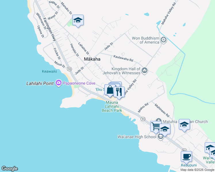 map of restaurants, bars, coffee shops, grocery stores, and more near 84-1105 Hana Street in Waianae