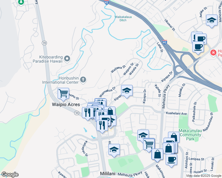 map of restaurants, bars, coffee shops, grocery stores, and more near 95-101 Kipapa Drive in Mililani
