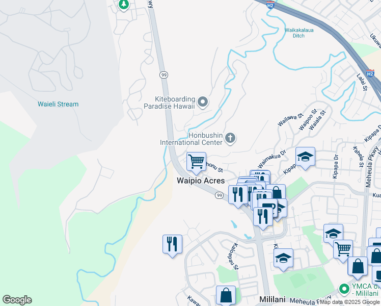 map of restaurants, bars, coffee shops, grocery stores, and more near 95-061 Waikalani Drive in Mililani