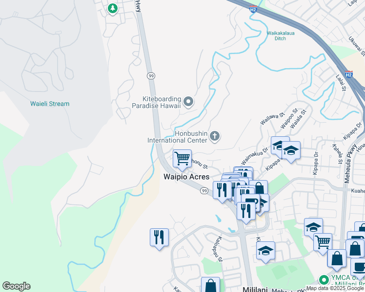 map of restaurants, bars, coffee shops, grocery stores, and more near 95-061 Waikalani Drive in Mililani