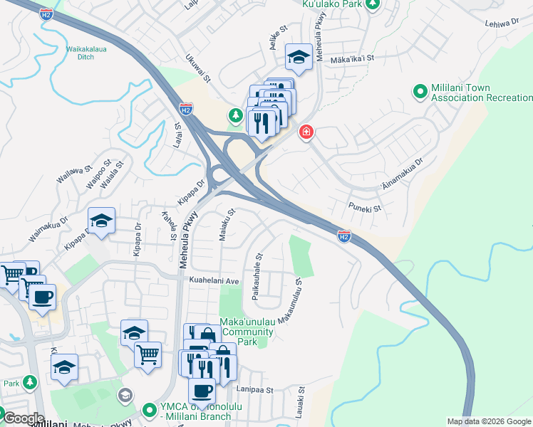 map of restaurants, bars, coffee shops, grocery stores, and more near 95-758 Maiaku Street in Mililani