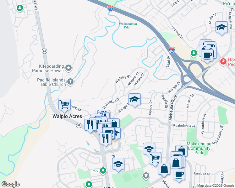 map of restaurants, bars, coffee shops, grocery stores, and more near 95-222 Waipono Place in Mililani