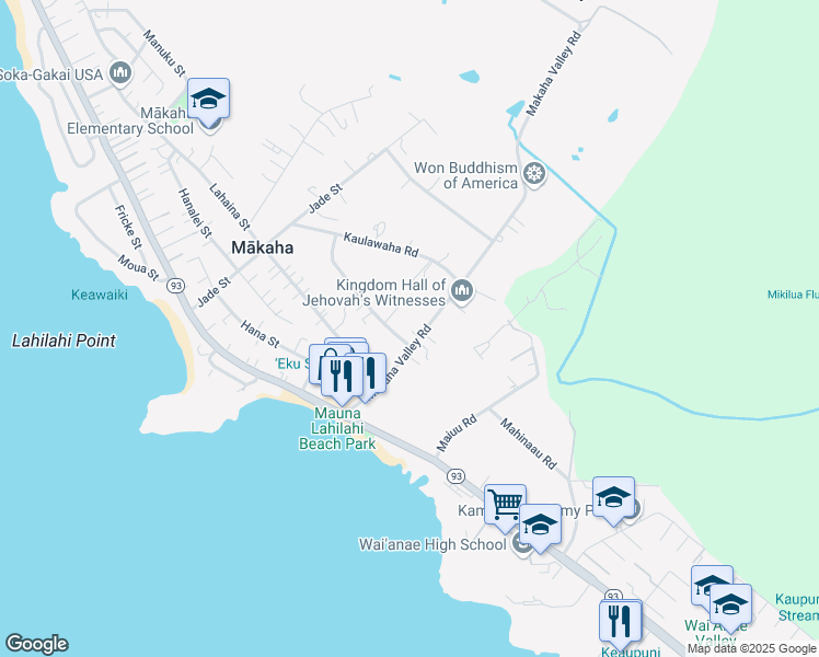 map of restaurants, bars, coffee shops, grocery stores, and more near 84-304 Makaha Valley Road in Waianae