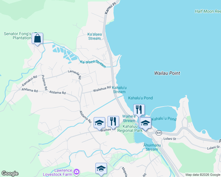 map of restaurants, bars, coffee shops, grocery stores, and more near 47-102 Wailehua Road in Kaneohe