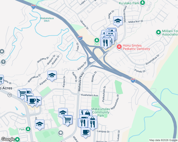 map of restaurants, bars, coffee shops, grocery stores, and more near 95-122 Hinalii Place in Mililani