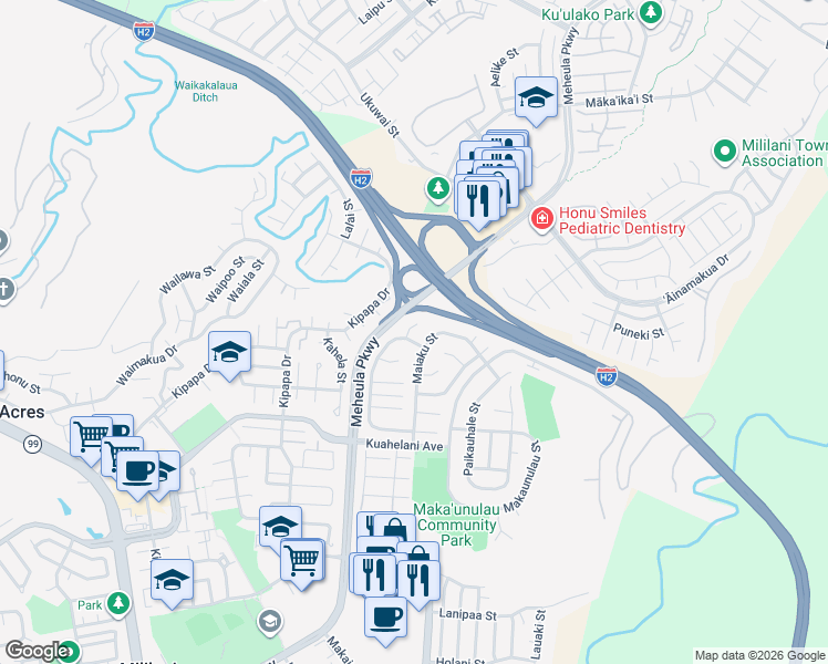 map of restaurants, bars, coffee shops, grocery stores, and more near 95-122 Hinalii Place in Mililani