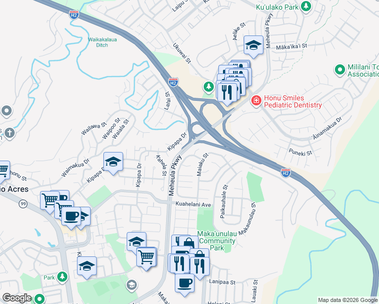 map of restaurants, bars, coffee shops, grocery stores, and more near 95-122 Hinalii Place in Mililani