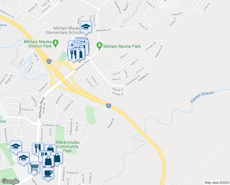 map of restaurants, bars, coffee shops, grocery stores, and more near 95-1052 Puneki Street in Mililani