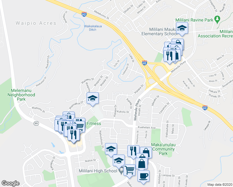 map of restaurants, bars, coffee shops, grocery stores, and more near 95-116 Kauamea Place in Mililani