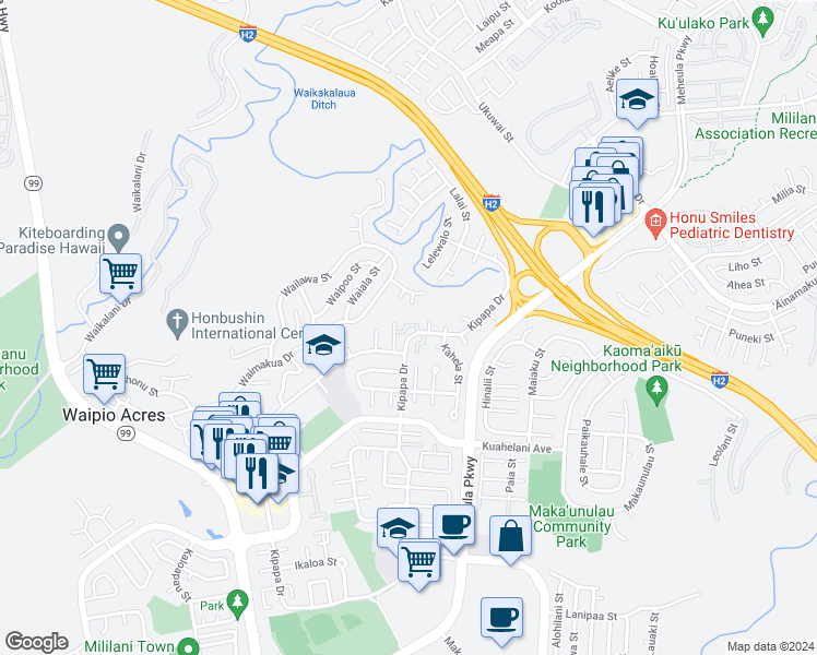 map of restaurants, bars, coffee shops, grocery stores, and more near 95-699 Kipapa Drive in Mililani