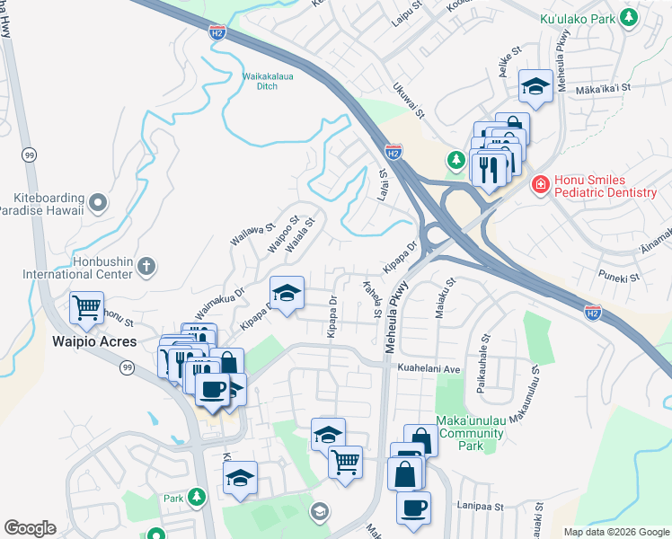 map of restaurants, bars, coffee shops, grocery stores, and more near 95-699 Kipapa Drive in Mililani