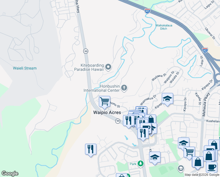 map of restaurants, bars, coffee shops, grocery stores, and more near 95-69 Waikalani Drive in Mililani