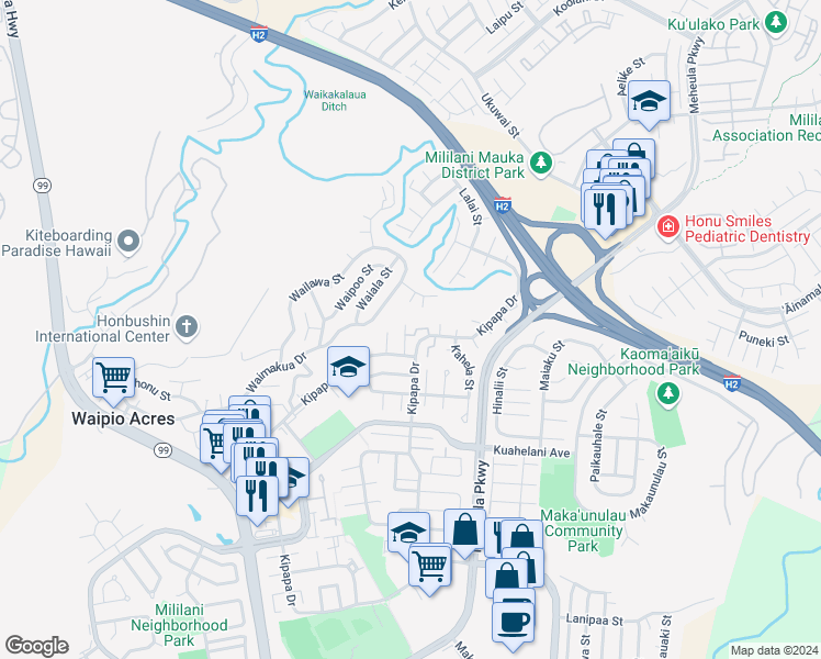 map of restaurants, bars, coffee shops, grocery stores, and more near 95-116 Kauamea Place in Mililani
