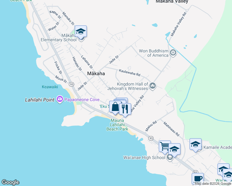 map of restaurants, bars, coffee shops, grocery stores, and more near 84-1064 Lahaina Street in Waianae