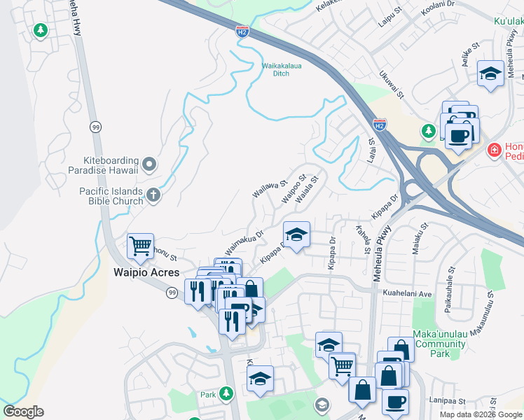 map of restaurants, bars, coffee shops, grocery stores, and more near 95-222 Waipono Place in Mililani