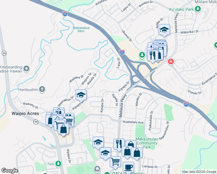 map of restaurants, bars, coffee shops, grocery stores, and more near 95-329 Waianuhea Place in Mililani